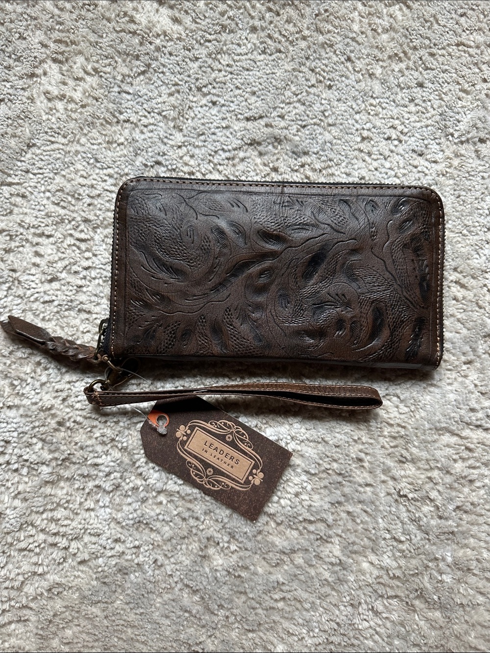 Leaders Genuine Leather Brown Embossed Wristlet Clutch
